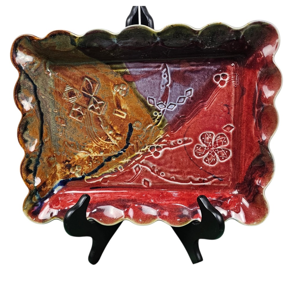 Scott Frankenberger Handcraft Scalloped Ceramic Tray Red Ochre Floral Geometric